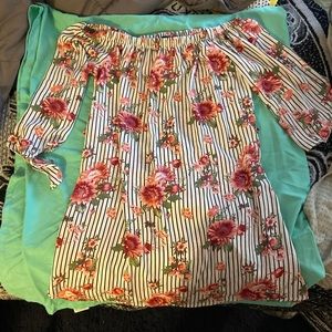 Off the shoulder flower pinstripe blouse
